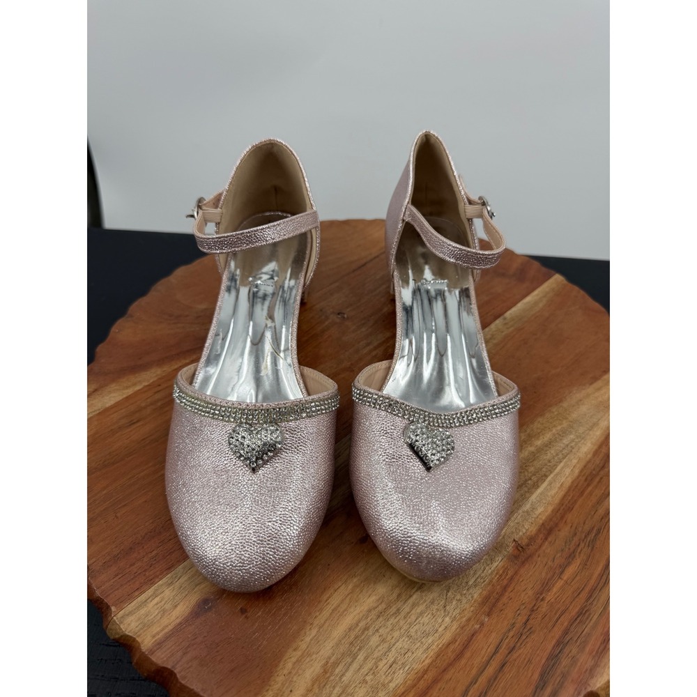Badgley Mischka D'orsay Dress Shoes girls 4 Pink Rhinestone Heart Block Heel - Picture 2 of 8